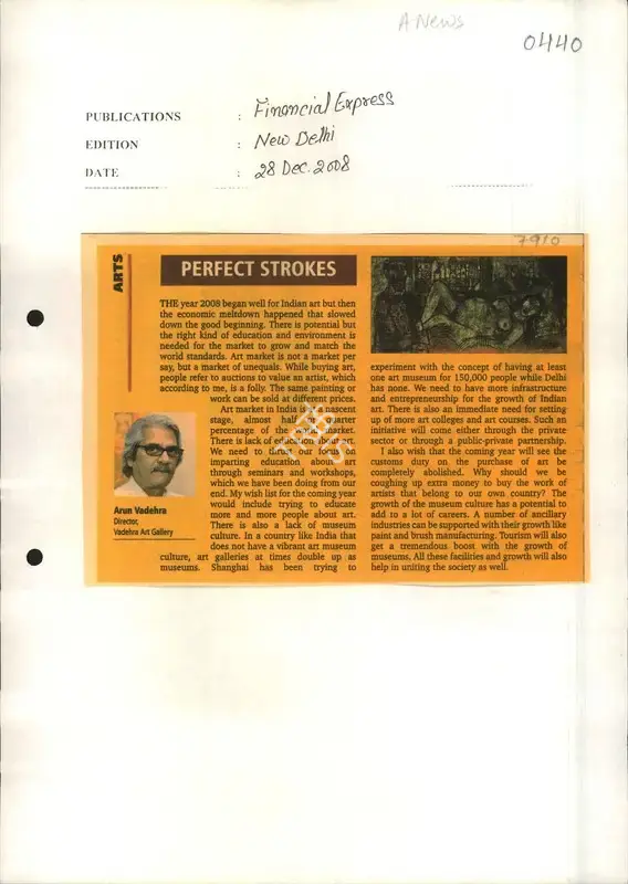 Arun Vadehra (Writer), Perfect Strokes, 2008, Newspaper Clipping