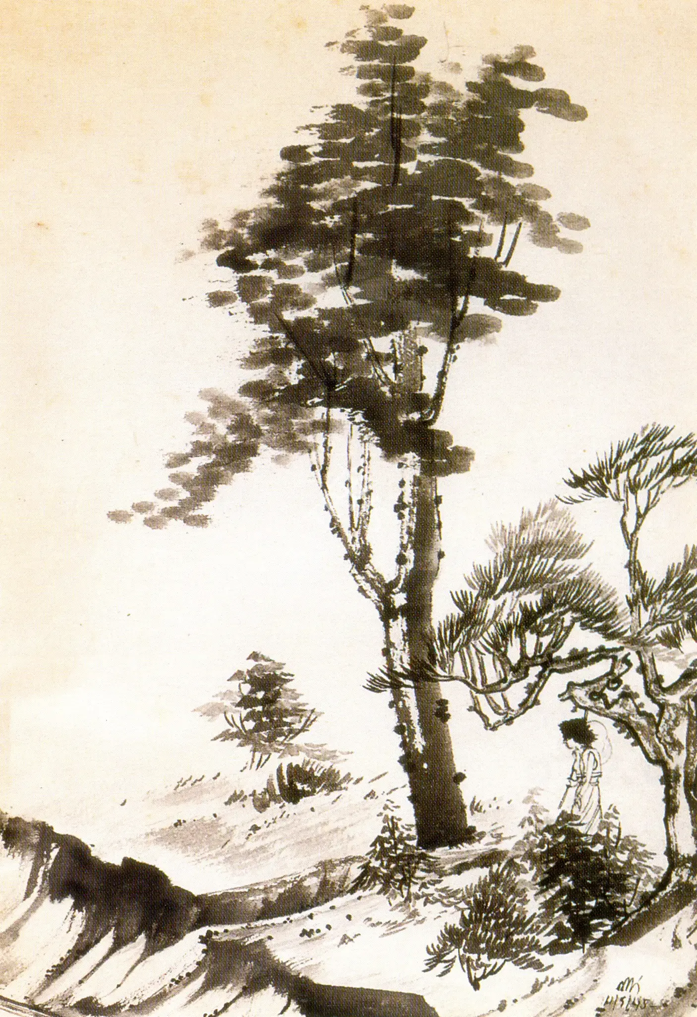 Nandalal Bose (Artist), Girl In A Landscape, 1945, Drawing