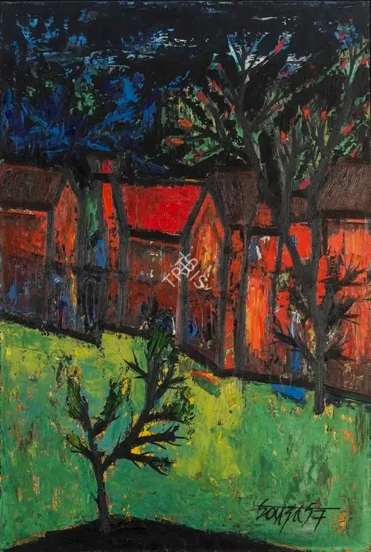 F.N. Souza (Artist), Red Houses with Front Garden, 1957, Painting