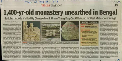 Jhimli Mukherjee Pandey (Reporter), 1,400-yr-old Maonastery Unearthed in Bengal, 2008, Newspaper Clipping