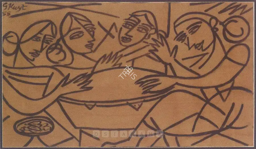 George Keyt (Artist), Women playing a drum, 1955, Painting