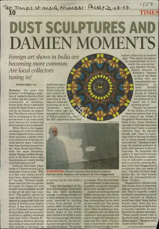 Pornoti Datta (Reporter), Dust Sculptures and Damien Moments, 2008, Newspaper Clipping
