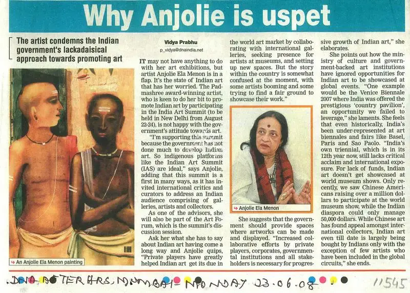 Vidya Prabhu (Writer), Why Anjolie id upset?, 2008, Newspaper clipping