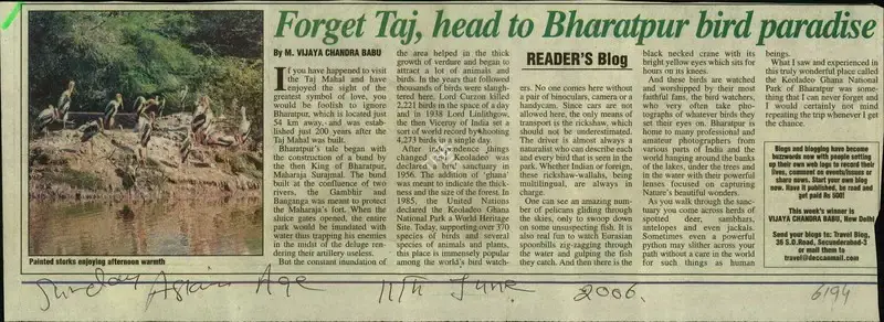 Vijaya Chandra Babu (Reporter), Forget Taj, head to Bharatpur bird paradise, 2006, Newspaper Clipping