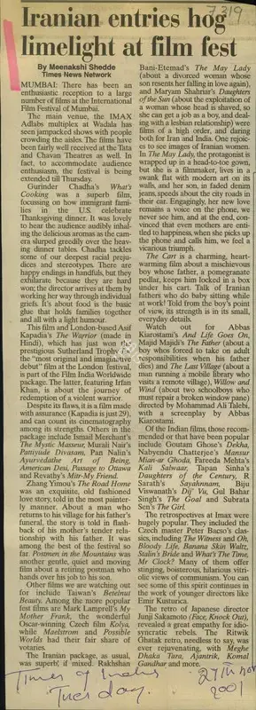 Meenakshi Shedde (Reporter), Iranian Entries hog Limelight at film fest, 2001, Newspaper Clipping