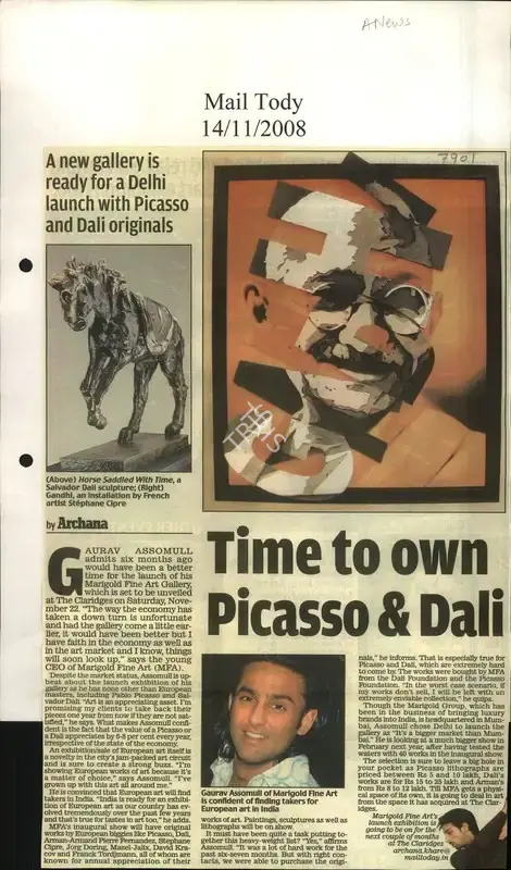 Archana Khare (Reporter), Time to Own Picasso & Dali, 2008, Newspaper Clipping