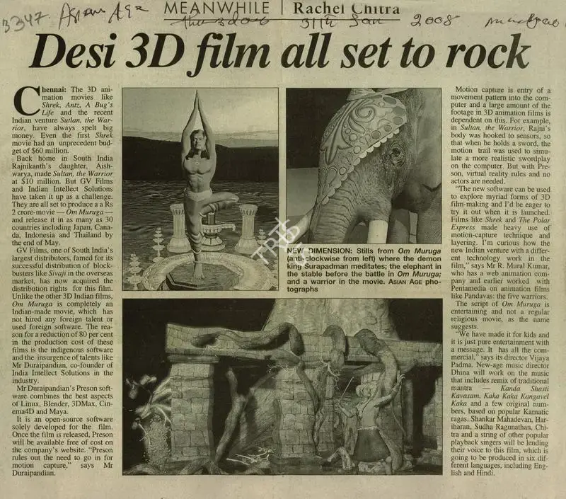 Rachel Chitra (Reporter), Desi 3D Film all Set to Roll, 2008, Newspaper Clipping