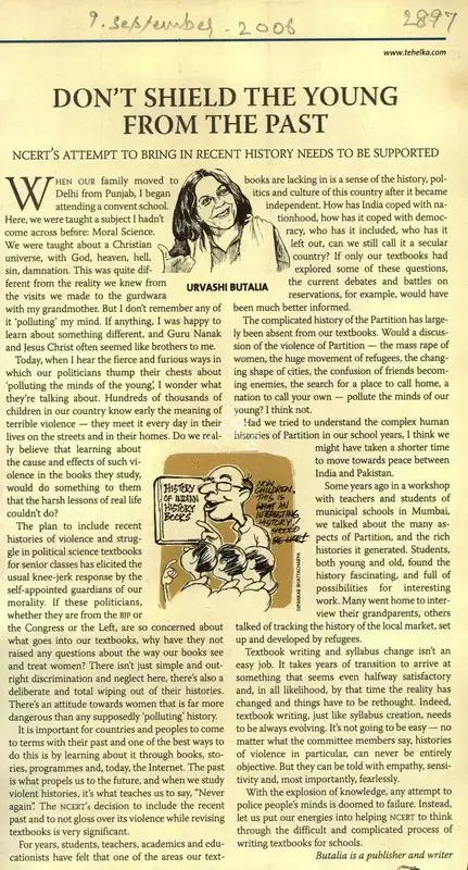 Urvashi Butalia (Writer), Don't Shield the Young From The Past, 2006, Newspaper Clipping