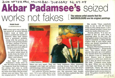 Riddhi Doshi (Writer), Akbar Padamsee's Seized Works Not Fakes, 2008, Newspaper clipping