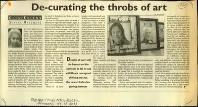 Subhra Mazumdar (Reporter), De-Curating the Throbs of Art, 2003, Newspaper Clipping