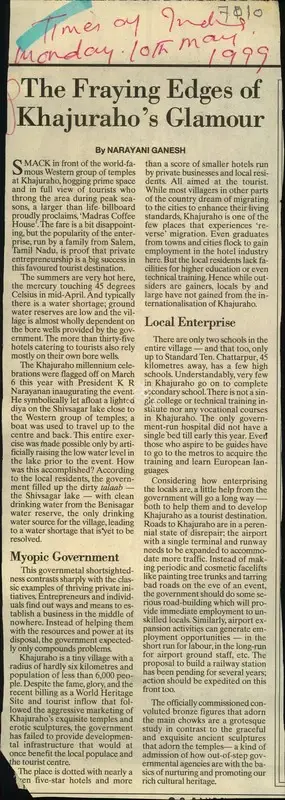 Narayani Ganesh (Reporter), The Fraying Edges of Khajuraho's Glamour, 1999, Newspaper Clipping
