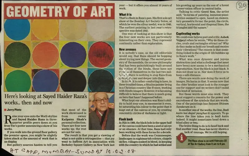 Jerry Pinto (Reporter), Geometry of Art, 2008, Newspaper Clipping