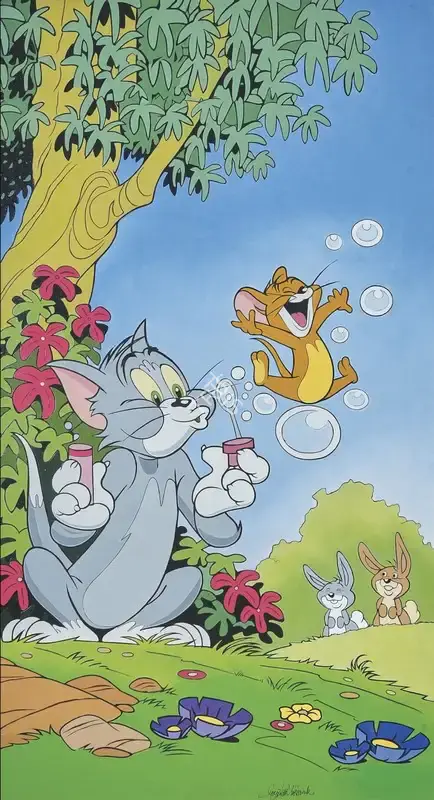 Suryakant Lokhande (Artist), Garden Giggles: Tom & Jerry's Bubble Playtime, Painting