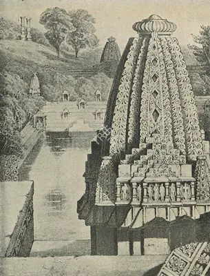 Unknown (Artist), View of the Sacred Tank with Subsidiary Shrine in the foreground and Ruined Kirtistambha in distance, 1856, Lithograph