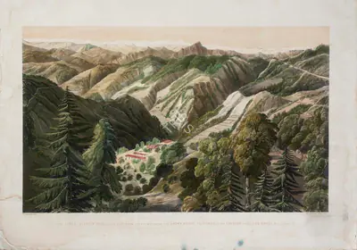 W. Simpson (Lithographer), Simla, Elysium Hill, on the left - in the distances the Snowy Range, the Peaks of the Greater and Less Shali, etc - Sunrise, 1852, Lithograph