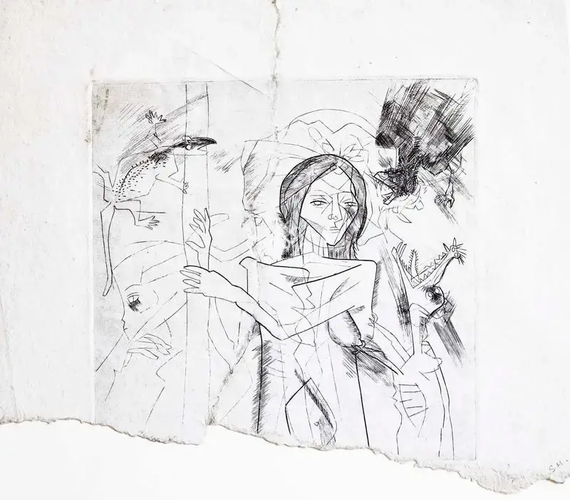 Somnath Hore (Artist), Untitled (Figures with Animals), 1980, Graphic Art