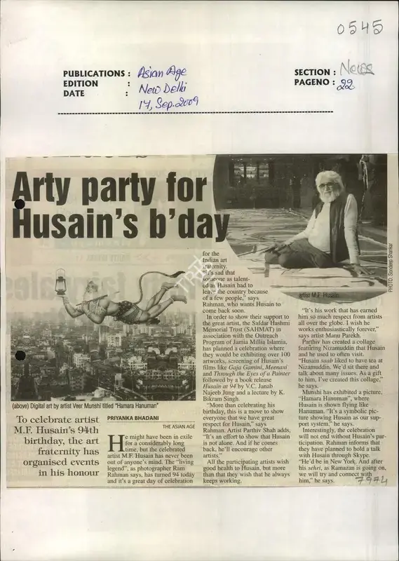 Priyanka Bhadani (Reporter), Arty Party for Husain's B' Day, 2009, Newspaper Clipping