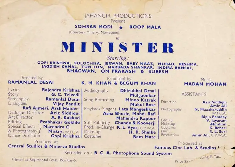 Begum Khan (Producer), Minister, 1959, Song-Synopsis Booklet