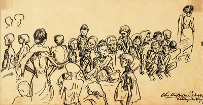 Chittaprosad (Artist), A Group of Goldsmith Women and Children at the BMRCC Camp, 1944, Drawing