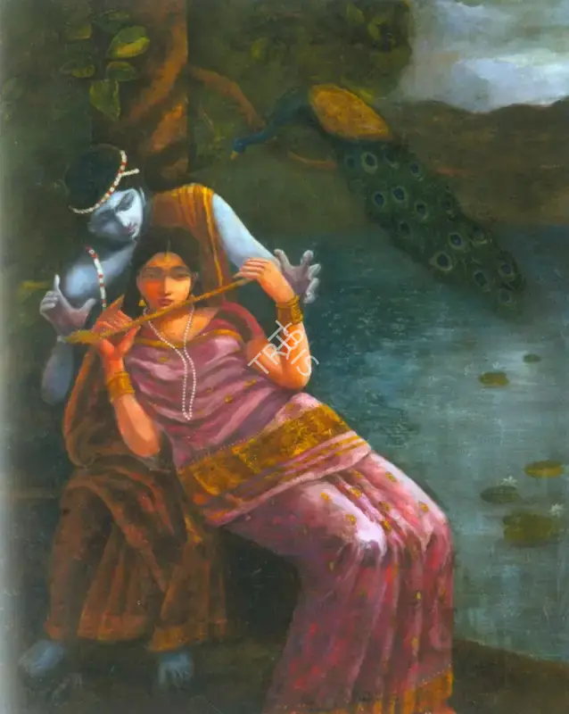 Hemendranath Mazumdar (Artist), Radha Learning To Play The Flute From Krishna, Painting