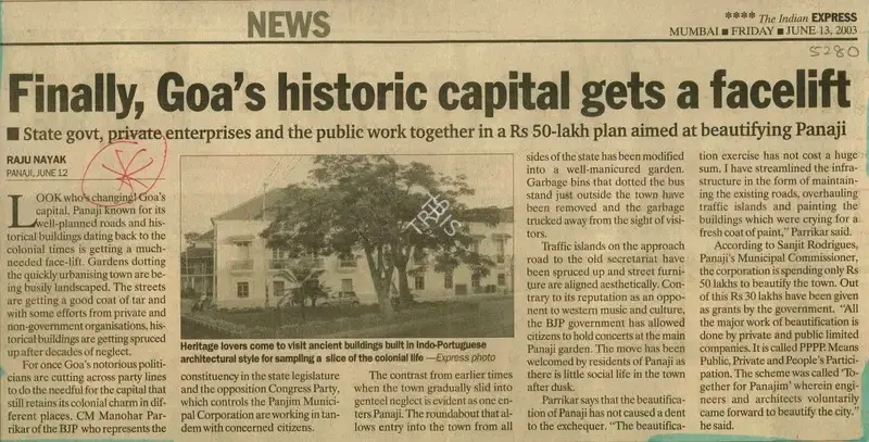 Raju Nayak (Reporter), Finally, Goa's Historic Capital Gets a Facelift, 2003, Newspaper Clipping