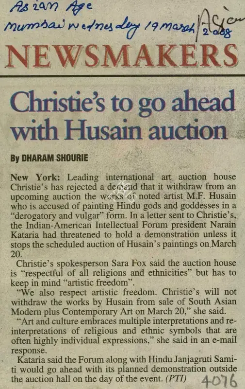 Dharam Shourie (Reporter), Christie's to go Ahead with Husain Auction, 2008, Newspaper Clipping