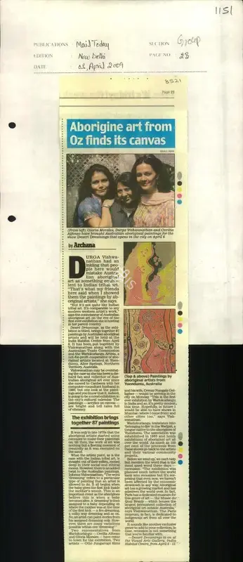 Archana Khare (Reporter), Aborigine Art from Oz Finds its Canvas, 2009, Newspaper Clipping