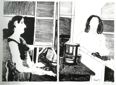 K.G. Subramanyan (Artist), Figures in Interior, 1977, Graphic Art