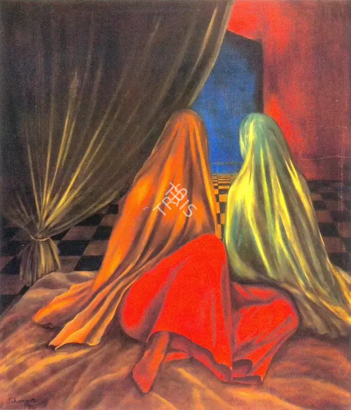 Jehangir Jani (Artist), Women at Curtains, 1990, Painting
