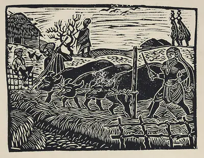Chittaprosad (Artist), Untitled (Threshing), 1950, Graphic Art