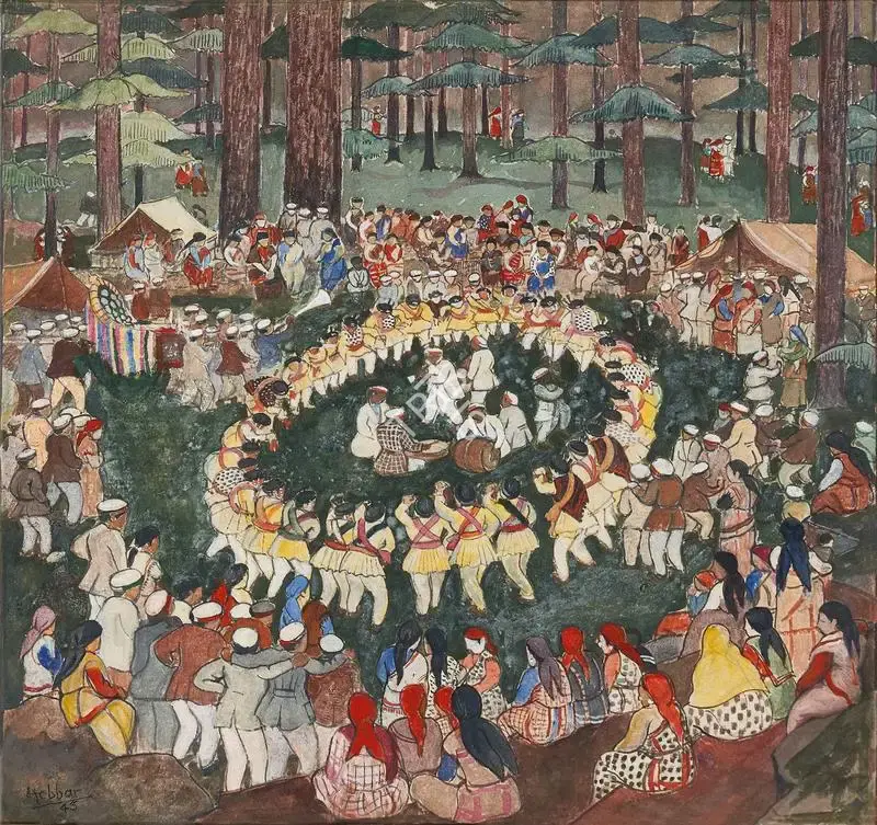 K.K. Hebbar (Artist), Festival Dance, Kulu Valley, 1945, Painting