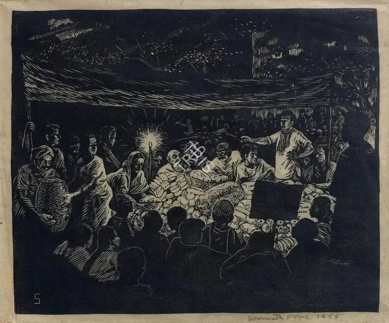 Somnath Hore (Artist), Tebhaga Movement- At The Night Meeting, 1955, Graphic Art