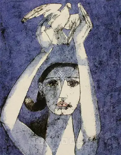 Jamil Naqsh (Artist), Girl With Pigeon, 2005, Painting