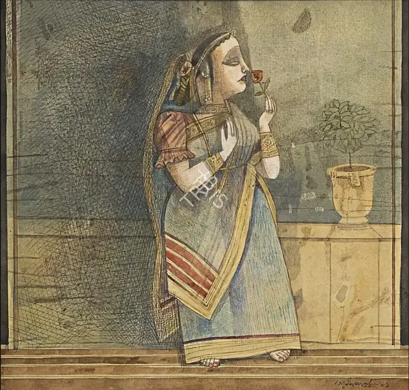 Ganesh Pyne (Artist), Untitled (Lady with Flower), 1981, Painting