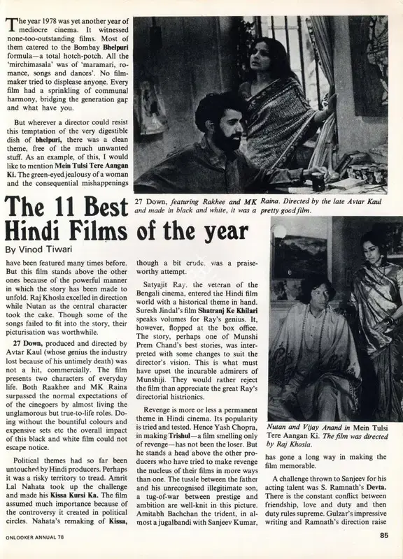 Vinod Tiwari (Essayist), The 11 Best Hindi Films of the Year, 1978, Essay