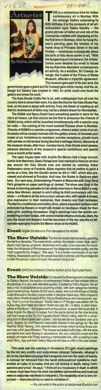 Nisha Jamwal (Writer), Event: Anjolie Ela Mennon's Four Decades At The NGMA, Newspaper Clipping