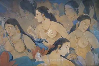Ramgopal Vijaiwargiya (Artist), Yakshis In Water Sport, 1933, Painting