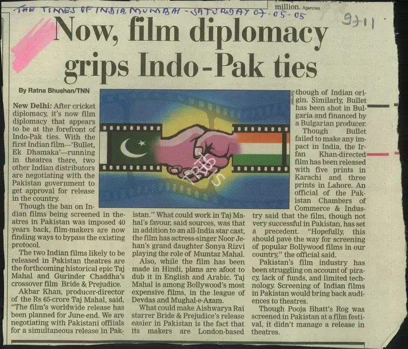 Ratna Bhushan (Reporter), Now, Film Diplomacy Grips Indo-Pak Ties, 2005, Newspaper Clipping