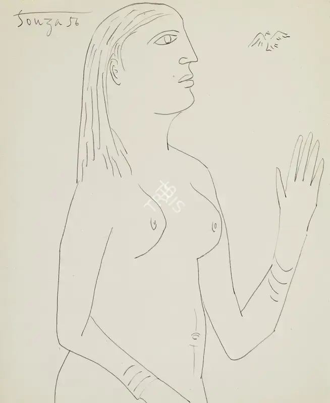 F.N. Souza (Artist), Untitled (Nude with Dove), 1956, Drawing