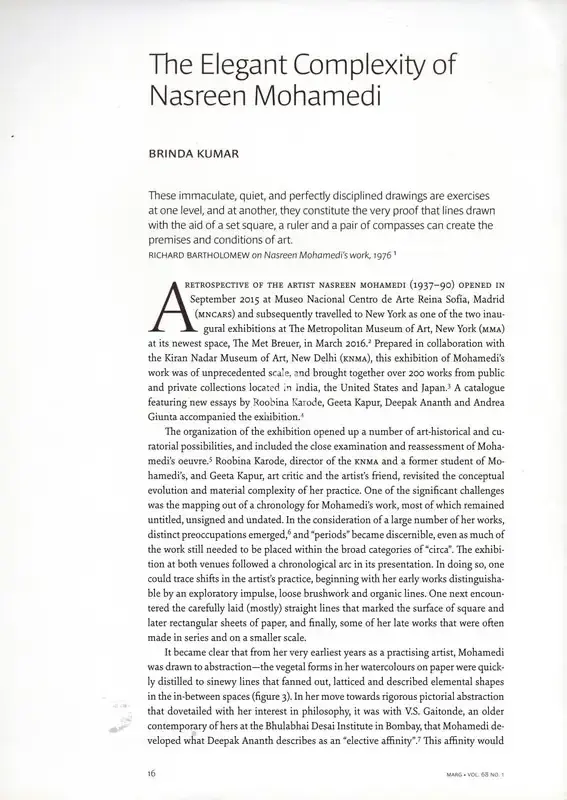 Brinda Kumar (Essayist), The Elegant Complexity of Nasreen Mohamedi, 2016, Essay