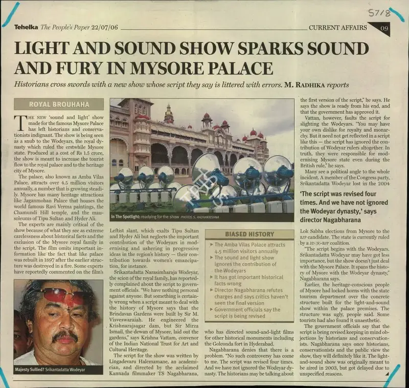 M. Radhika (Reporter), Light and Sound Show Sparks Sound and Fury in Mysore Palace, 2006, Newspaper Clipping