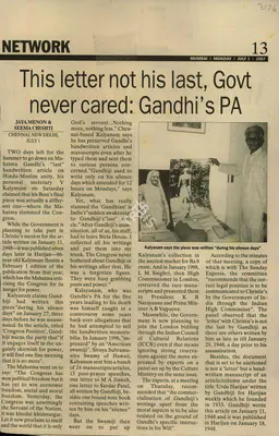 Jaya Menon (Reporter), This Letter not his last, Govt never Cared: Gandhi's PA, 2007, Newspaper Clipping