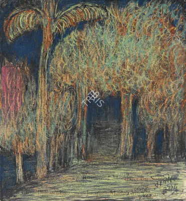 Rabindranath Tagore (Artist), Untitled (Treescape with Palm), 1937, Drawing