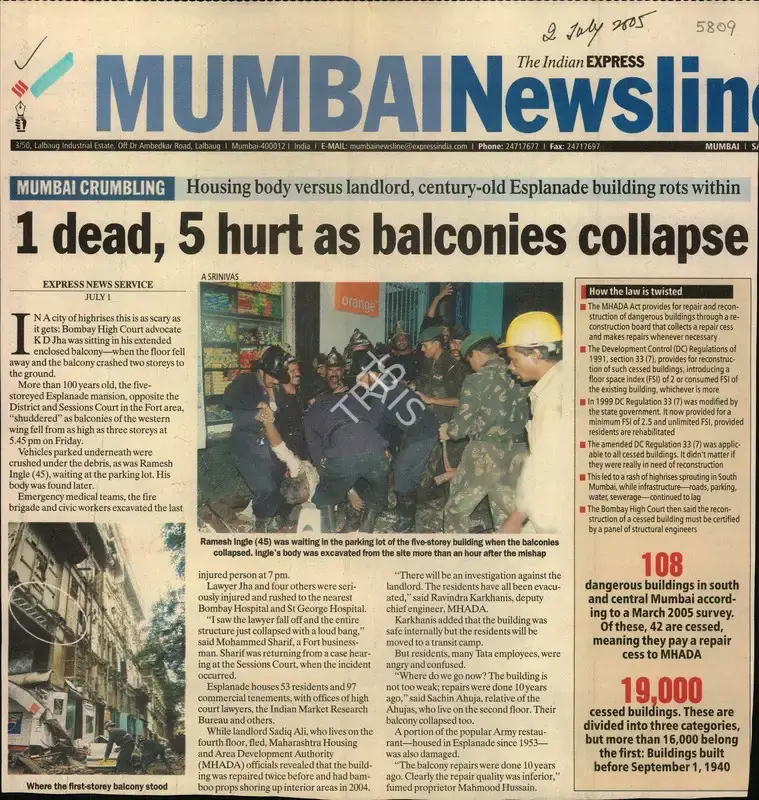 A. Srinivas (Reporter), 1 Dead, 5 Hurt as Balconies Collapse, 2005, Newspaper Clipping