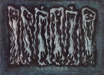 Zahoor Ul Akhlaq (Artist), Untitled (Group Of Standing Figures), 1963, Painting