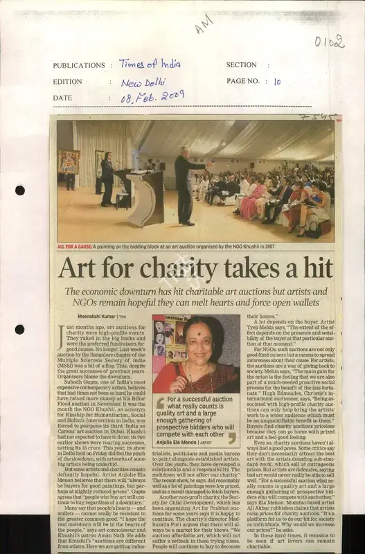 Meenakshi Kumar (Reporter), Art for Charity Takes a Hit, 2009, Newspaper Clipping