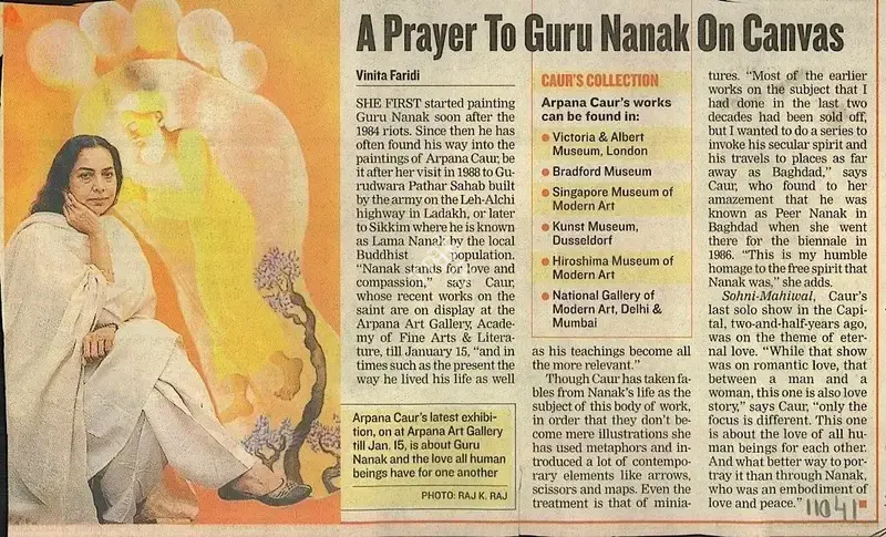 Vinita Faridi (Writer), A Prayer to Guru Nanak On Canvas, 2003, Newspaper Clipping