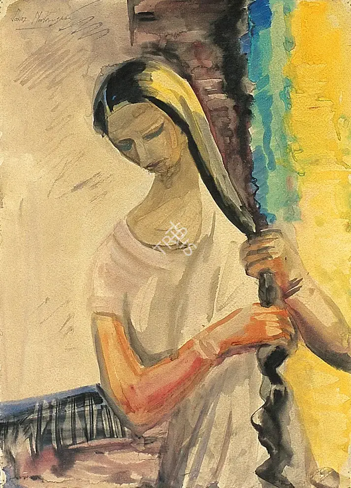 Sailoz Mookherjea (Artist), Woman Combing Hair (Double Sided), 1951, Painting