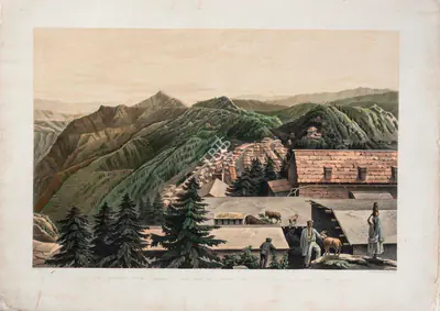 T. Picken (Lithographer), Simla Prospect Point, Boileau-Gunge, Bentinck Castle, the Suddur Bazaar and unfinished Church - Sunrise, 1852, Lithograph