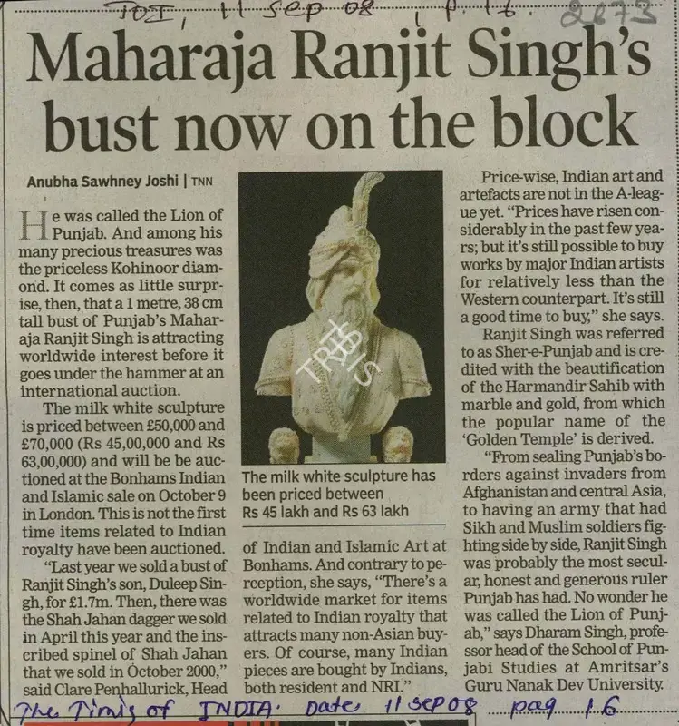Anubha Sawhney Joshi (Writer), Maharaja Ranjit Singh's Bust Now On The Block, 2008, Newspaper Clipping